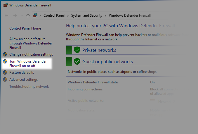 Turning off Windows Defender Firewall, stage 1
