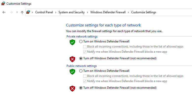 Turning off Windows Defender Firewall, stage 2